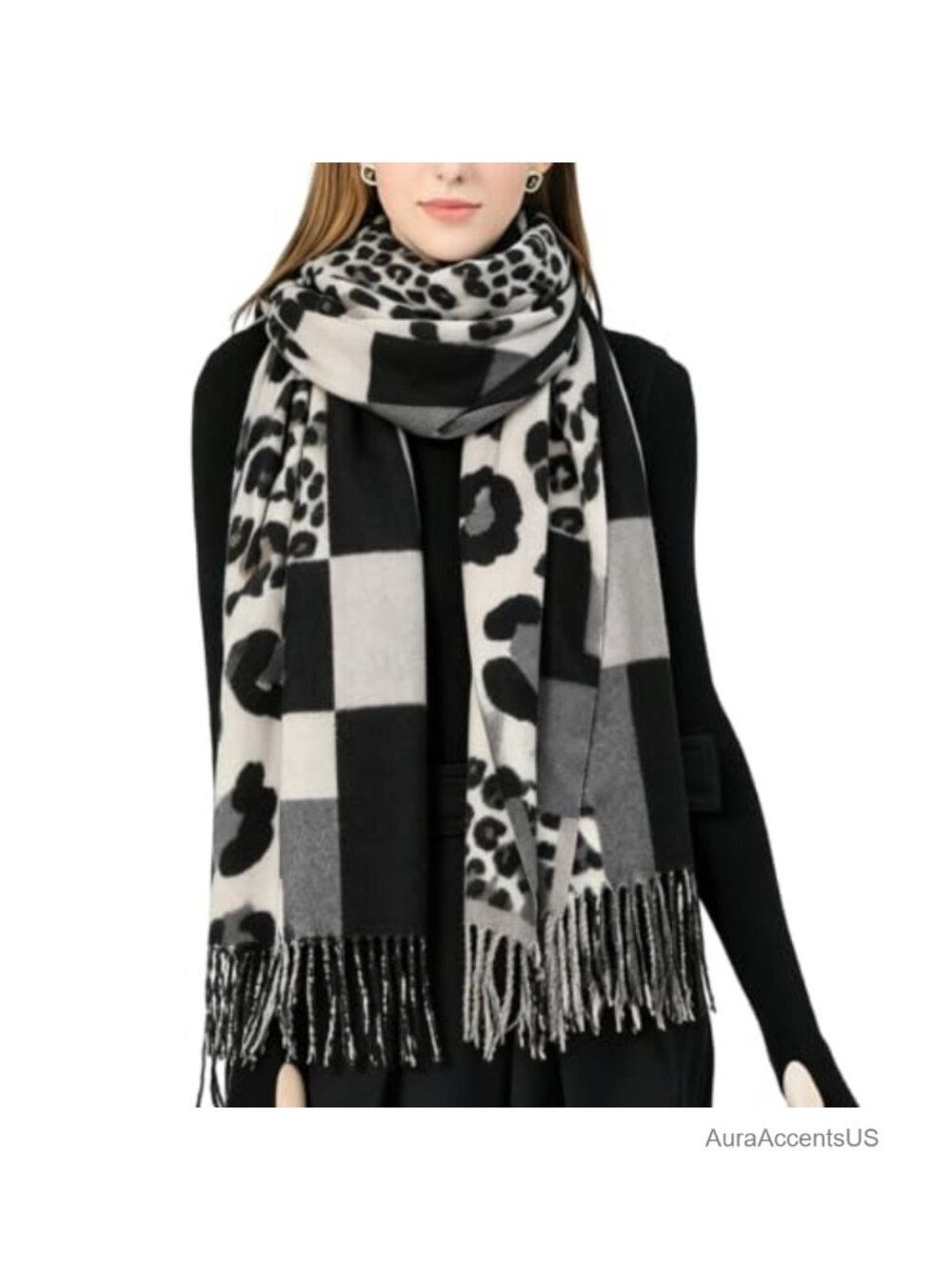 Oversized Leopard Plaid Winter Scarf - Tassel Wrap Shawl for Women